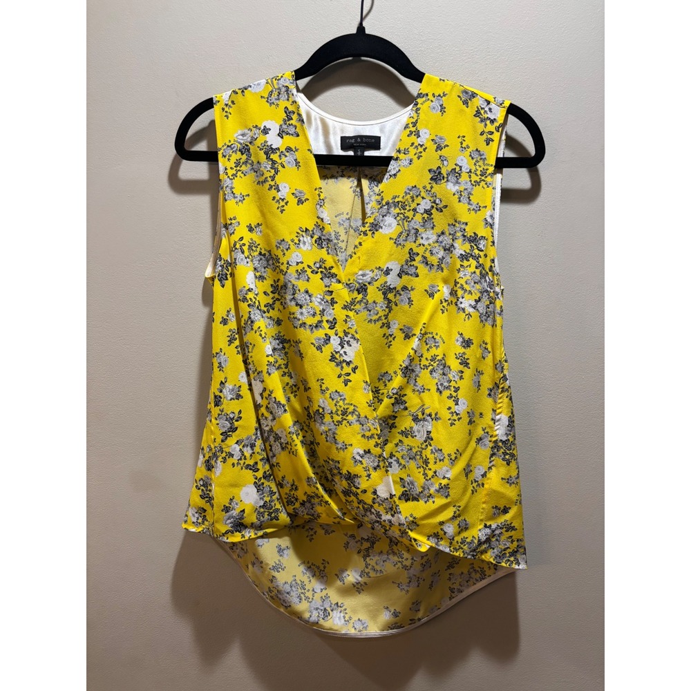 Rag & Bone Yellow Floral 100%‎ Silk Sleeveless Wrap Front Blouse Top Small